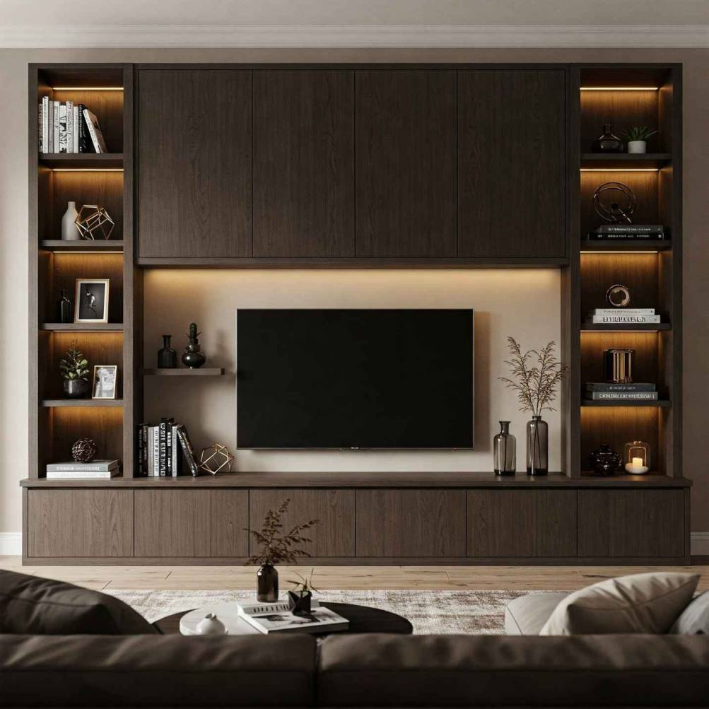 Modern accent wall with dark paneling in Dublin living room
