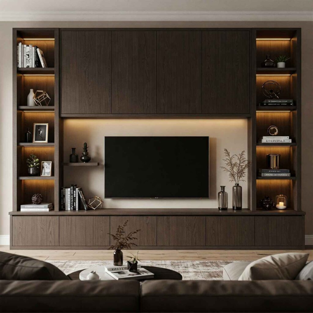 Custom TV feature wall with shelves and lighting in Dublin home