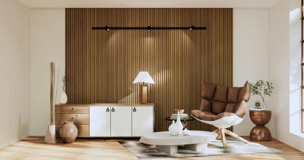 Modern slatted wood feature wall installed in Dublin living room