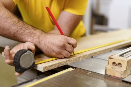 Skilled carpenter measuring timber for custom shelves in a Dublin living room