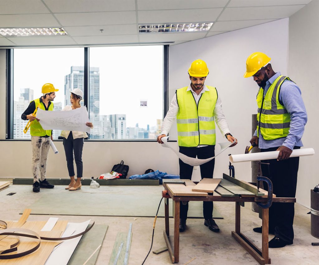 Team of carpentry contractors fitting out a commercial space in Dublin