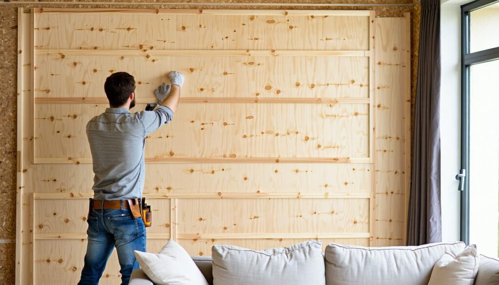 Dublin carpenter fitting custom wood paneling on a living room wall