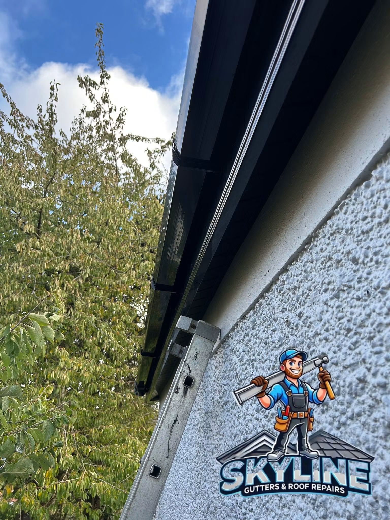 Close-up of a new black gutter and white soffit